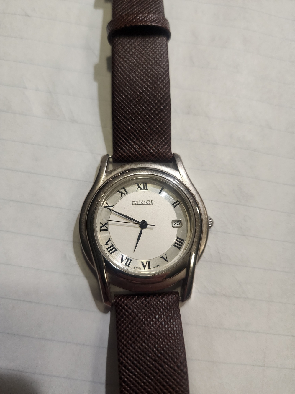 Gucci Brown Leather Strap Watch with Silver Case and White Dial